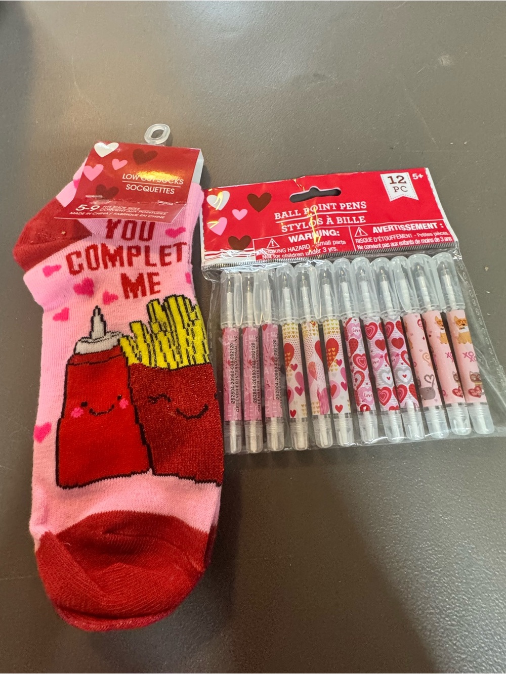 You Complete Me Ketchup & Fries Socks with Heart Ballpoint Pens - Pink & Red
